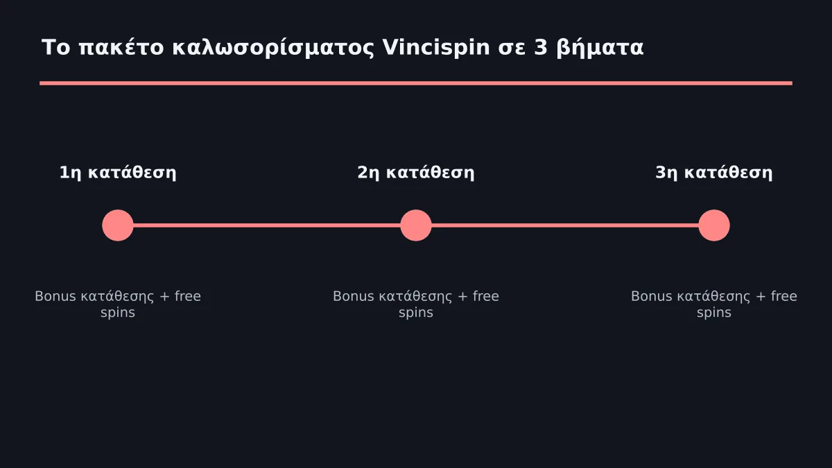 Κάθε μία από τις τρεις πρώτες καταθέσεις συνδυάζει bonus κατάθεσης με δωρεάν περιστροφές.